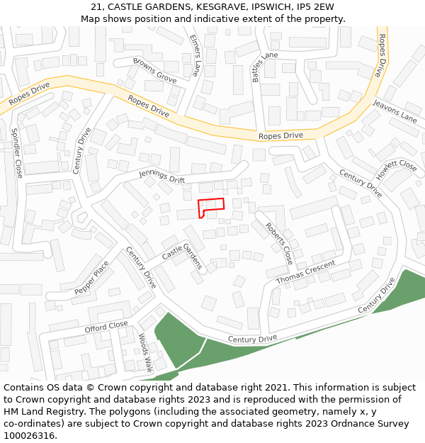 21, CASTLE GARDENS, KESGRAVE, IPSWICH, IP5 2EW: Location map and indicative extent of plot