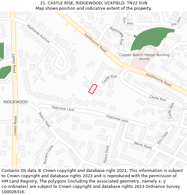 21, CASTLE RISE, RIDGEWOOD, UCKFIELD, TN22 5UN: Location map and indicative extent of plot
