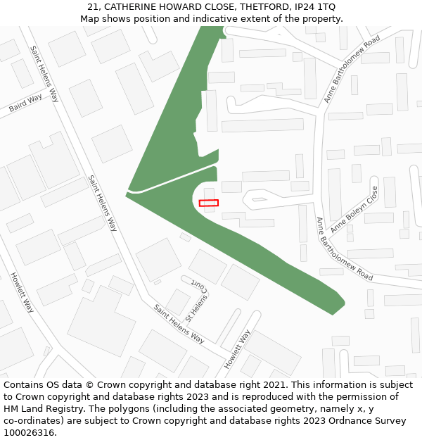 21, CATHERINE HOWARD CLOSE, THETFORD, IP24 1TQ: Location map and indicative extent of plot