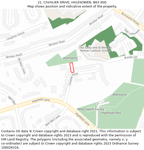 21, CAVALIER DRIVE, HALESOWEN, B63 4SQ: Location map and indicative extent of plot