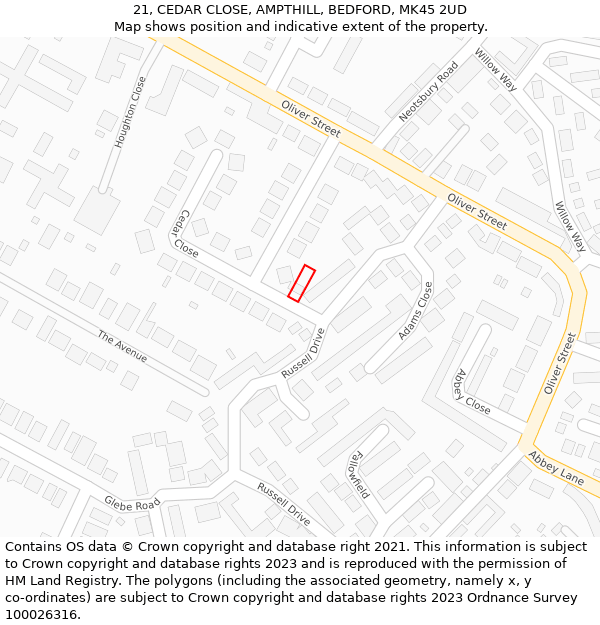 21, CEDAR CLOSE, AMPTHILL, BEDFORD, MK45 2UD: Location map and indicative extent of plot