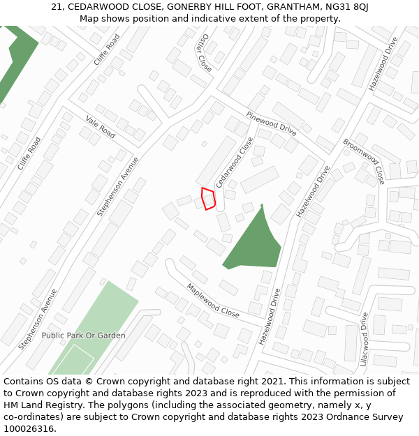 21, CEDARWOOD CLOSE, GONERBY HILL FOOT, GRANTHAM, NG31 8QJ: Location map and indicative extent of plot