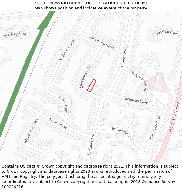 21, CEDARWOOD DRIVE, TUFFLEY, GLOUCESTER, GL4 0AG: Location map and indicative extent of plot