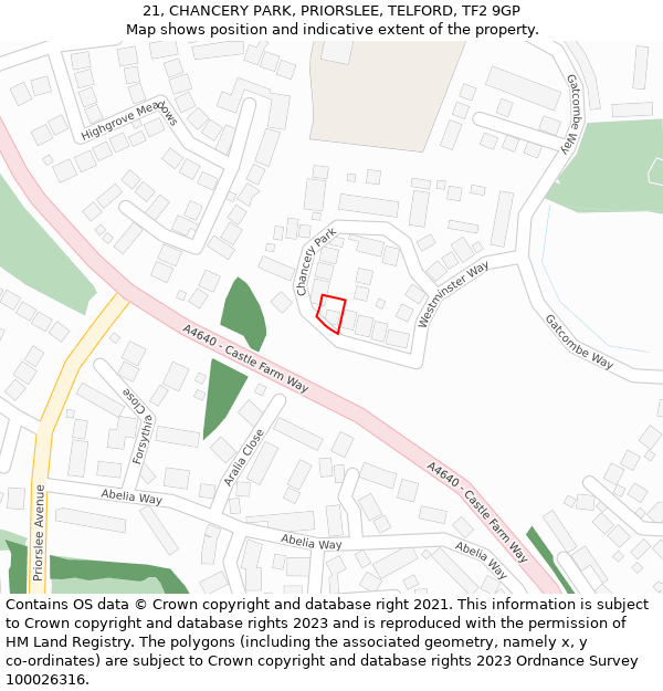 21, CHANCERY PARK, PRIORSLEE, TELFORD, TF2 9GP: Location map and indicative extent of plot