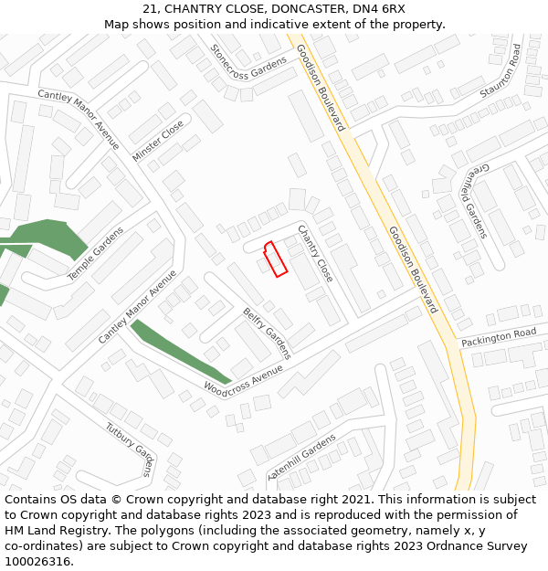 21, CHANTRY CLOSE, DONCASTER, DN4 6RX: Location map and indicative extent of plot