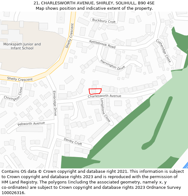 21, CHARLESWORTH AVENUE, SHIRLEY, SOLIHULL, B90 4SE: Location map and indicative extent of plot