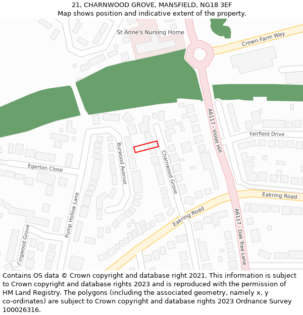 21, CHARNWOOD GROVE, MANSFIELD, NG18 3EF: Location map and indicative extent of plot