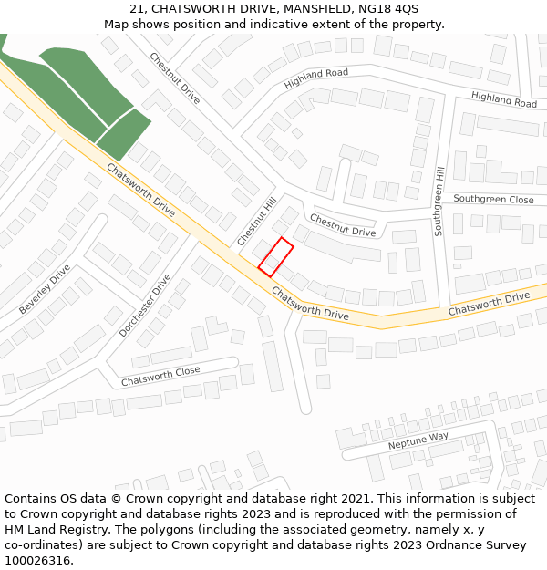 21, CHATSWORTH DRIVE, MANSFIELD, NG18 4QS: Location map and indicative extent of plot