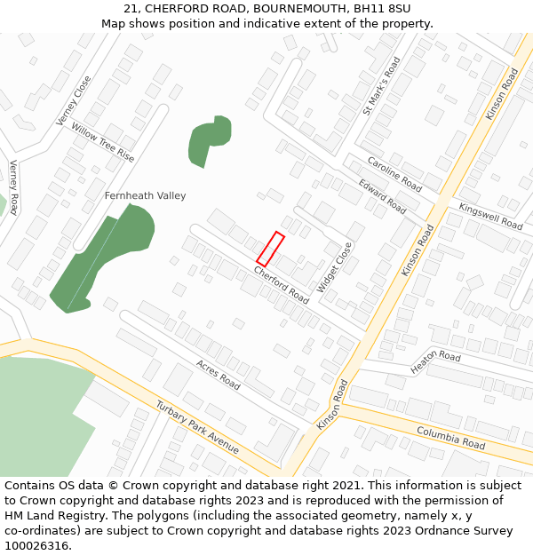 21, CHERFORD ROAD, BOURNEMOUTH, BH11 8SU: Location map and indicative extent of plot