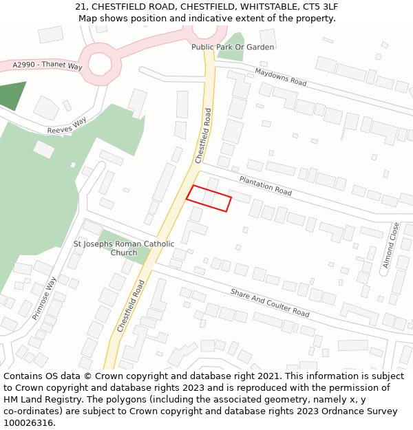 21, CHESTFIELD ROAD, CHESTFIELD, WHITSTABLE, CT5 3LF: Location map and indicative extent of plot