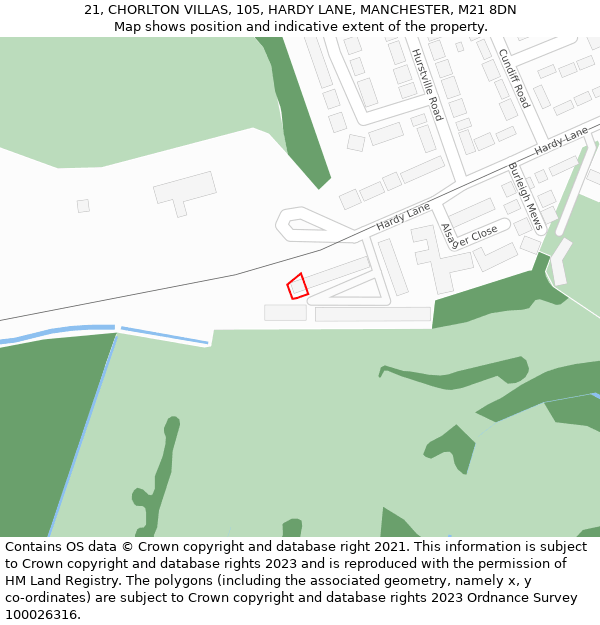 21, CHORLTON VILLAS, 105, HARDY LANE, MANCHESTER, M21 8DN: Location map and indicative extent of plot