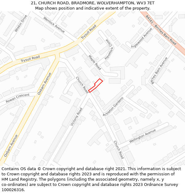 21, CHURCH ROAD, BRADMORE, WOLVERHAMPTON, WV3 7ET: Location map and indicative extent of plot