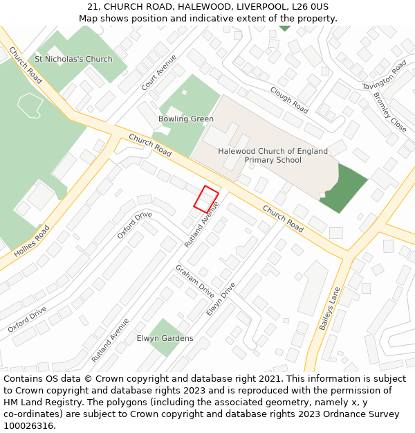 21, CHURCH ROAD, HALEWOOD, LIVERPOOL, L26 0US: Location map and indicative extent of plot
