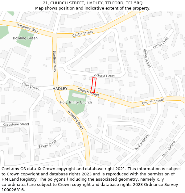 21, CHURCH STREET, HADLEY, TELFORD, TF1 5RQ: Location map and indicative extent of plot