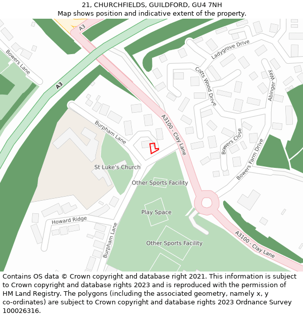 21, CHURCHFIELDS, GUILDFORD, GU4 7NH: Location map and indicative extent of plot