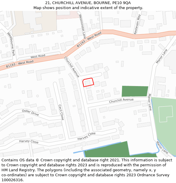 21, CHURCHILL AVENUE, BOURNE, PE10 9QA: Location map and indicative extent of plot