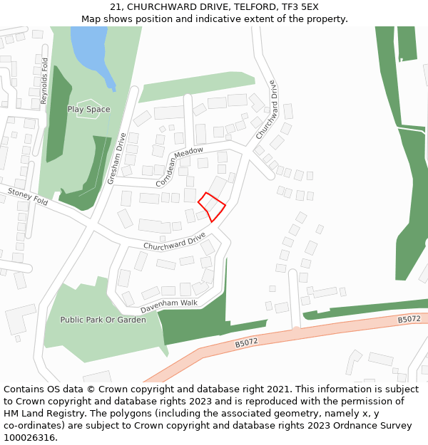 21, CHURCHWARD DRIVE, TELFORD, TF3 5EX: Location map and indicative extent of plot
