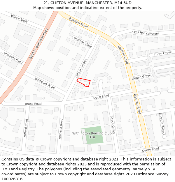 21, CLIFTON AVENUE, MANCHESTER, M14 6UD: Location map and indicative extent of plot