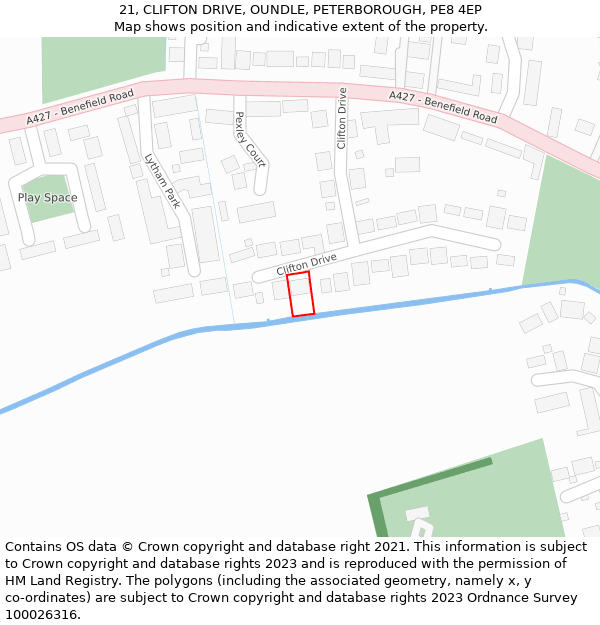 21, CLIFTON DRIVE, OUNDLE, PETERBOROUGH, PE8 4EP: Location map and indicative extent of plot