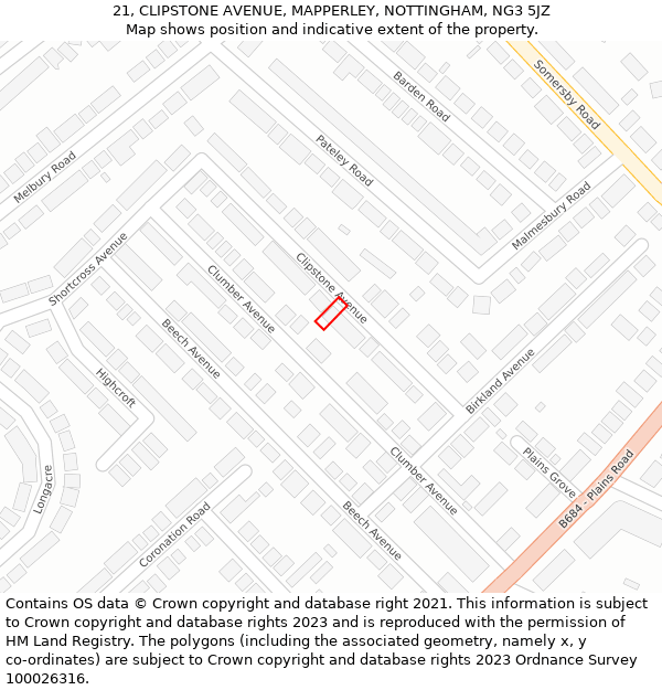 21, CLIPSTONE AVENUE, MAPPERLEY, NOTTINGHAM, NG3 5JZ: Location map and indicative extent of plot