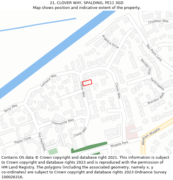 21, CLOVER WAY, SPALDING, PE11 3GD: Location map and indicative extent of plot