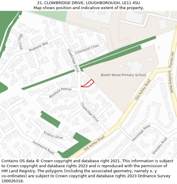 21, CLOWBRIDGE DRIVE, LOUGHBOROUGH, LE11 4SU: Location map and indicative extent of plot