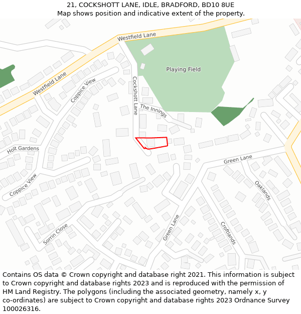 21, COCKSHOTT LANE, IDLE, BRADFORD, BD10 8UE: Location map and indicative extent of plot