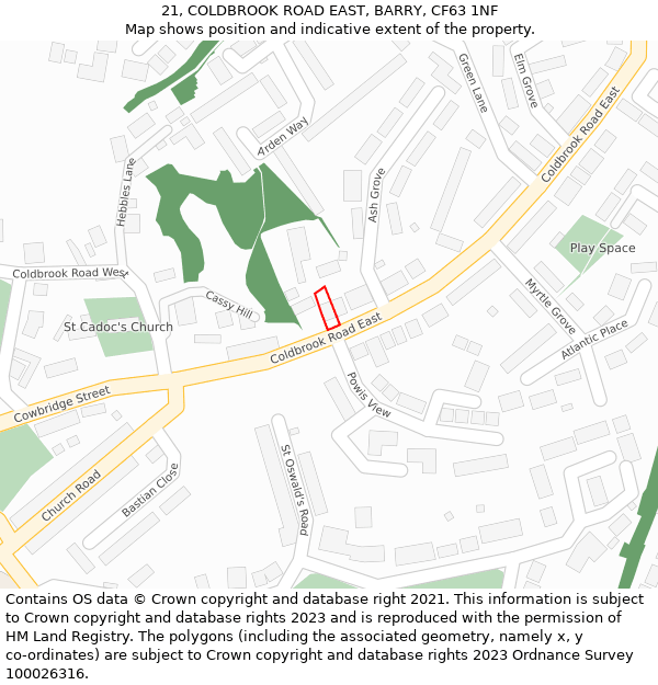 21, COLDBROOK ROAD EAST, BARRY, CF63 1NF: Location map and indicative extent of plot