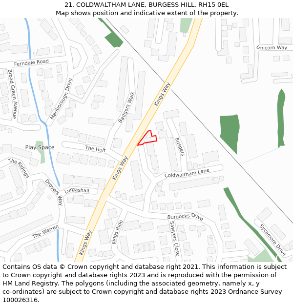 21, COLDWALTHAM LANE, BURGESS HILL, RH15 0EL: Location map and indicative extent of plot