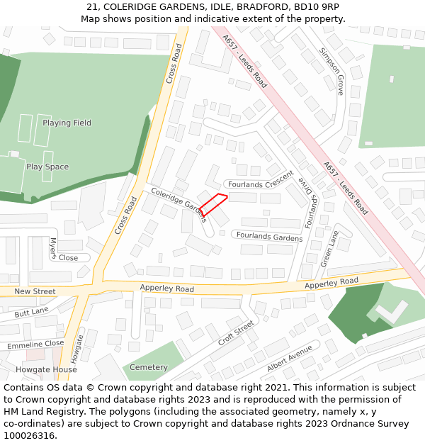 21, COLERIDGE GARDENS, IDLE, BRADFORD, BD10 9RP: Location map and indicative extent of plot