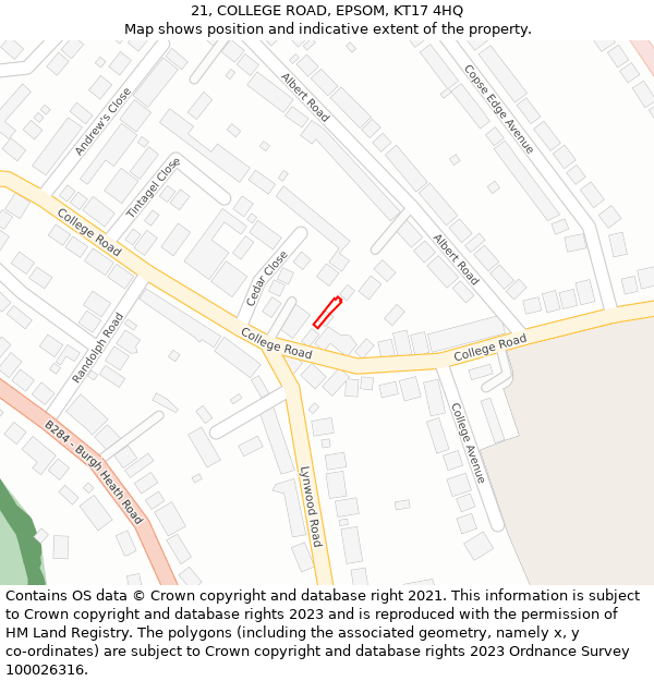 21, COLLEGE ROAD, EPSOM, KT17 4HQ: Location map and indicative extent of plot