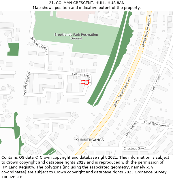 21, COLMAN CRESCENT, HULL, HU8 8AN: Location map and indicative extent of plot