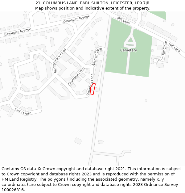 21, COLUMBUS LANE, EARL SHILTON, LEICESTER, LE9 7JR: Location map and indicative extent of plot