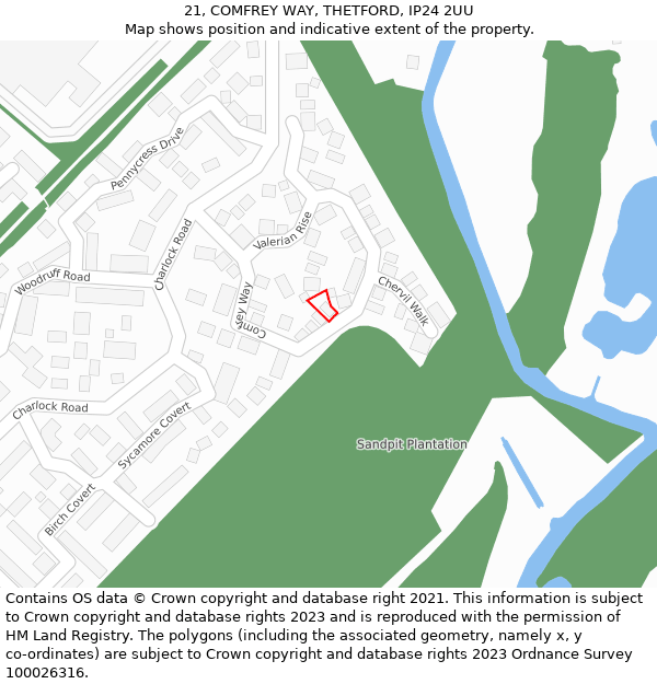 21, COMFREY WAY, THETFORD, IP24 2UU: Location map and indicative extent of plot