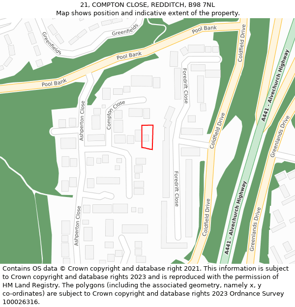 21, COMPTON CLOSE, REDDITCH, B98 7NL: Location map and indicative extent of plot