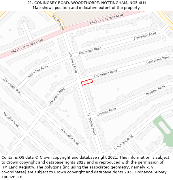 21, CONINGSBY ROAD, WOODTHORPE, NOTTINGHAM, NG5 4LH: Location map and indicative extent of plot