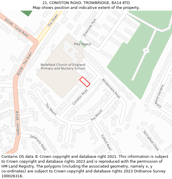 21, CONISTON ROAD, TROWBRIDGE, BA14 8TD: Location map and indicative extent of plot