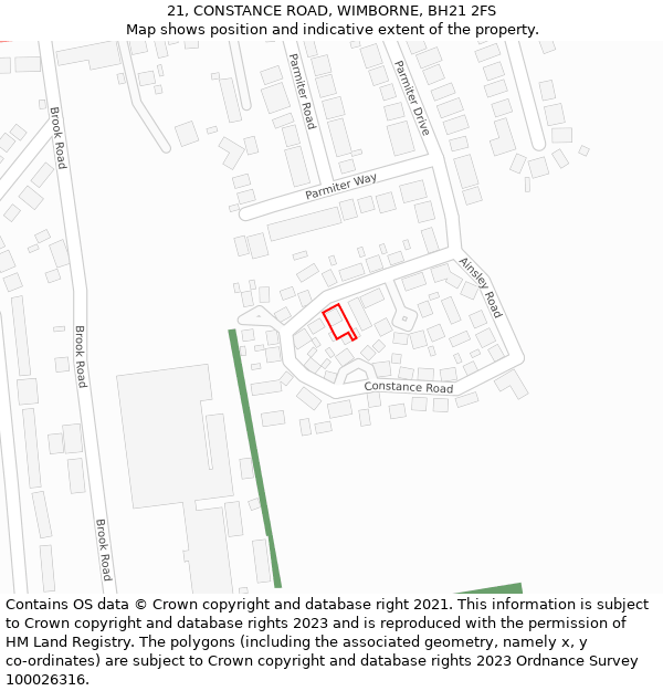 21, CONSTANCE ROAD, WIMBORNE, BH21 2FS: Location map and indicative extent of plot