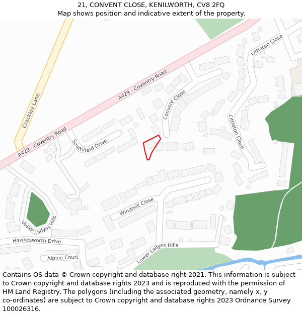21, CONVENT CLOSE, KENILWORTH, CV8 2FQ: Location map and indicative extent of plot