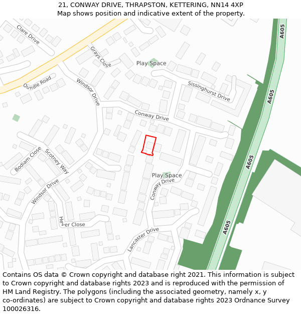 21, CONWAY DRIVE, THRAPSTON, KETTERING, NN14 4XP: Location map and indicative extent of plot