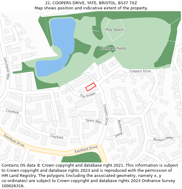 21, COOPERS DRIVE, YATE, BRISTOL, BS37 7XZ: Location map and indicative extent of plot
