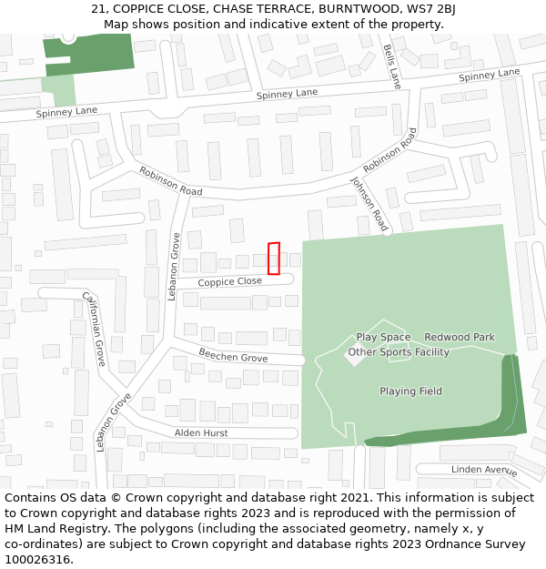 21, COPPICE CLOSE, CHASE TERRACE, BURNTWOOD, WS7 2BJ: Location map and indicative extent of plot