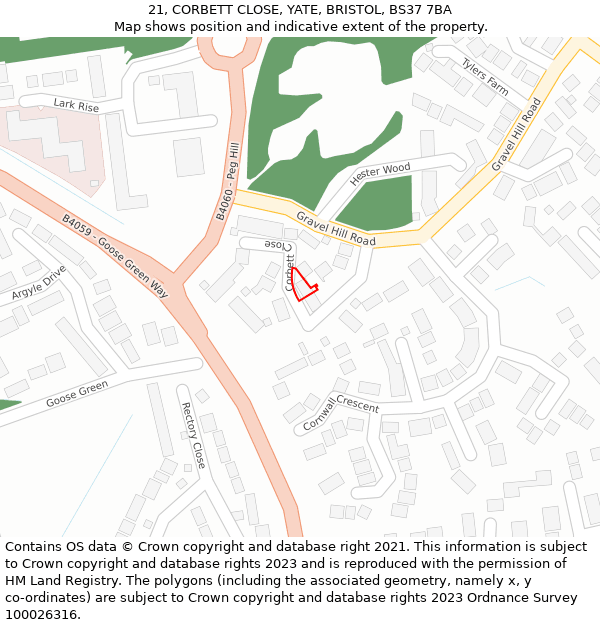 21, CORBETT CLOSE, YATE, BRISTOL, BS37 7BA: Location map and indicative extent of plot