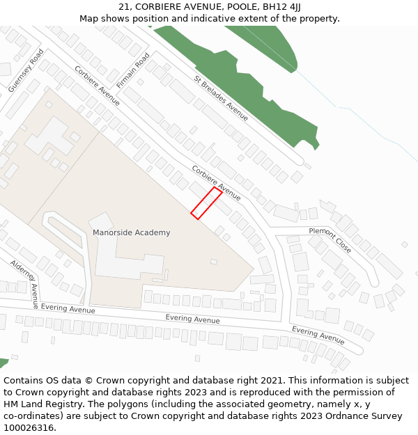 21, CORBIERE AVENUE, POOLE, BH12 4JJ: Location map and indicative extent of plot