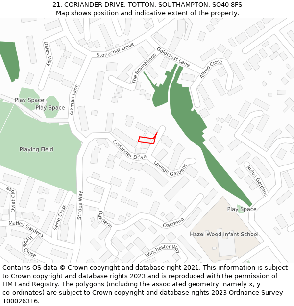 21, CORIANDER DRIVE, TOTTON, SOUTHAMPTON, SO40 8FS: Location map and indicative extent of plot