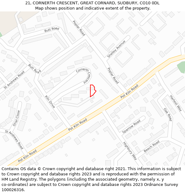 21, CORNERTH CRESCENT, GREAT CORNARD, SUDBURY, CO10 0DL: Location map and indicative extent of plot