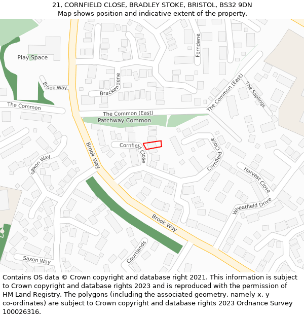 21, CORNFIELD CLOSE, BRADLEY STOKE, BRISTOL, BS32 9DN: Location map and indicative extent of plot