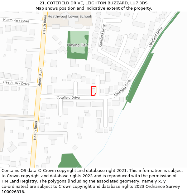 21, COTEFIELD DRIVE, LEIGHTON BUZZARD, LU7 3DS: Location map and indicative extent of plot