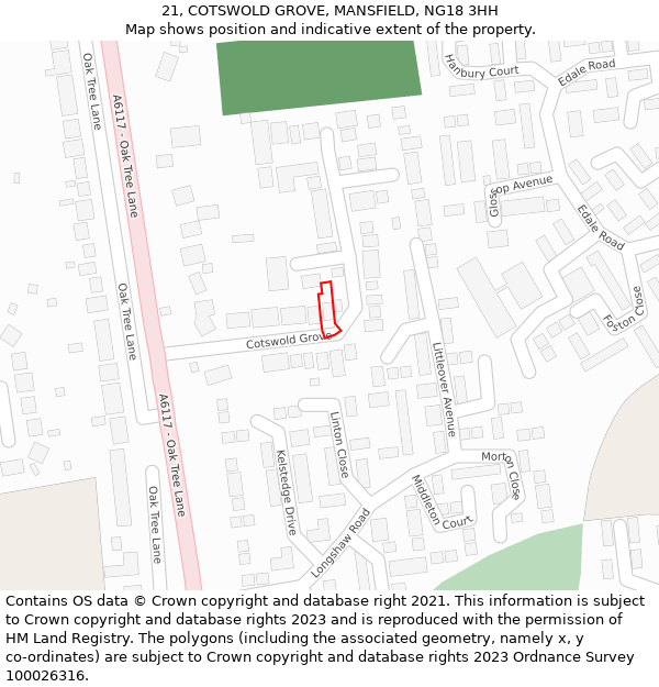 21, COTSWOLD GROVE, MANSFIELD, NG18 3HH: Location map and indicative extent of plot