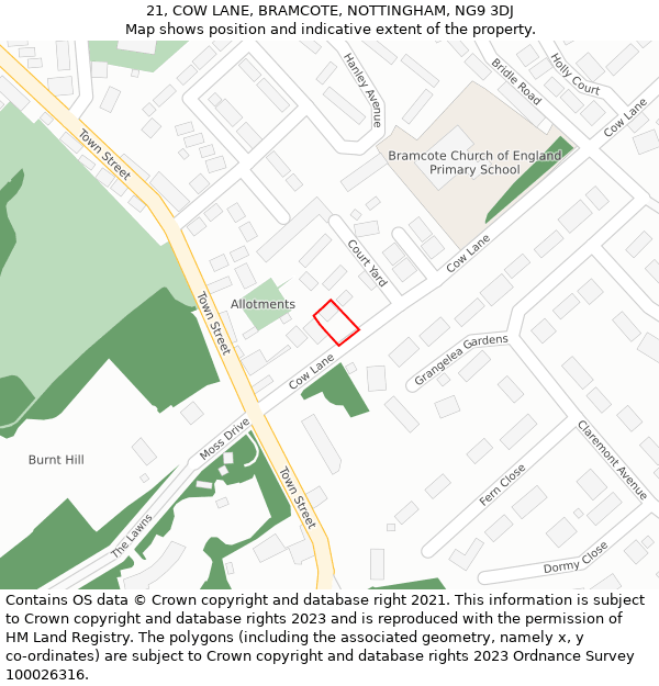 21, COW LANE, BRAMCOTE, NOTTINGHAM, NG9 3DJ: Location map and indicative extent of plot